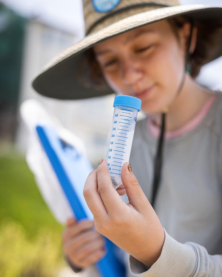 Closeup of student looking at tube holding insect